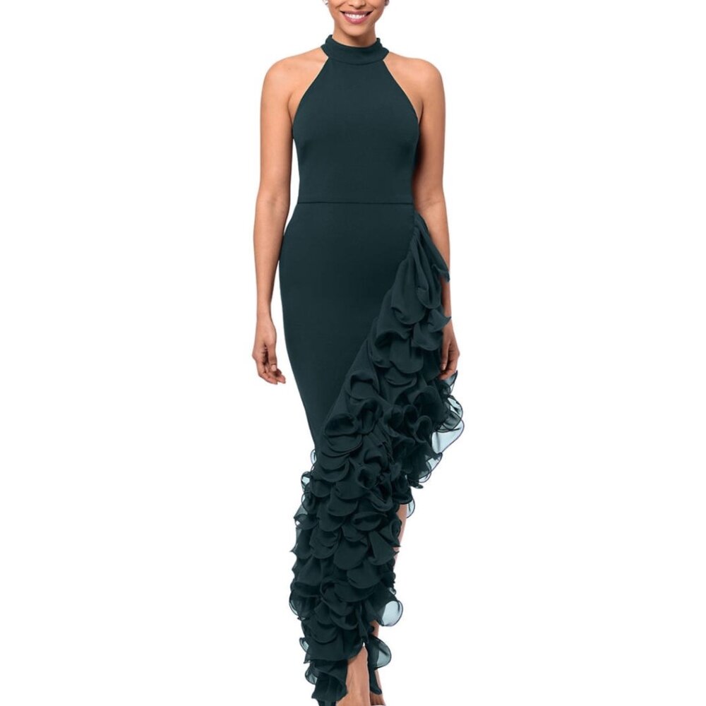High-Neck Asymmetrical Ruffle Gown in Dark Green